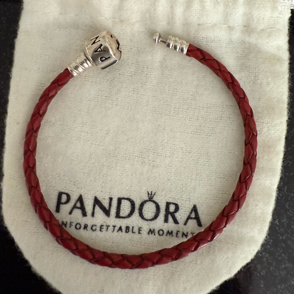 Authentic Pandora Red Braided Leather Bracelet with Sterling Silver Clasp
